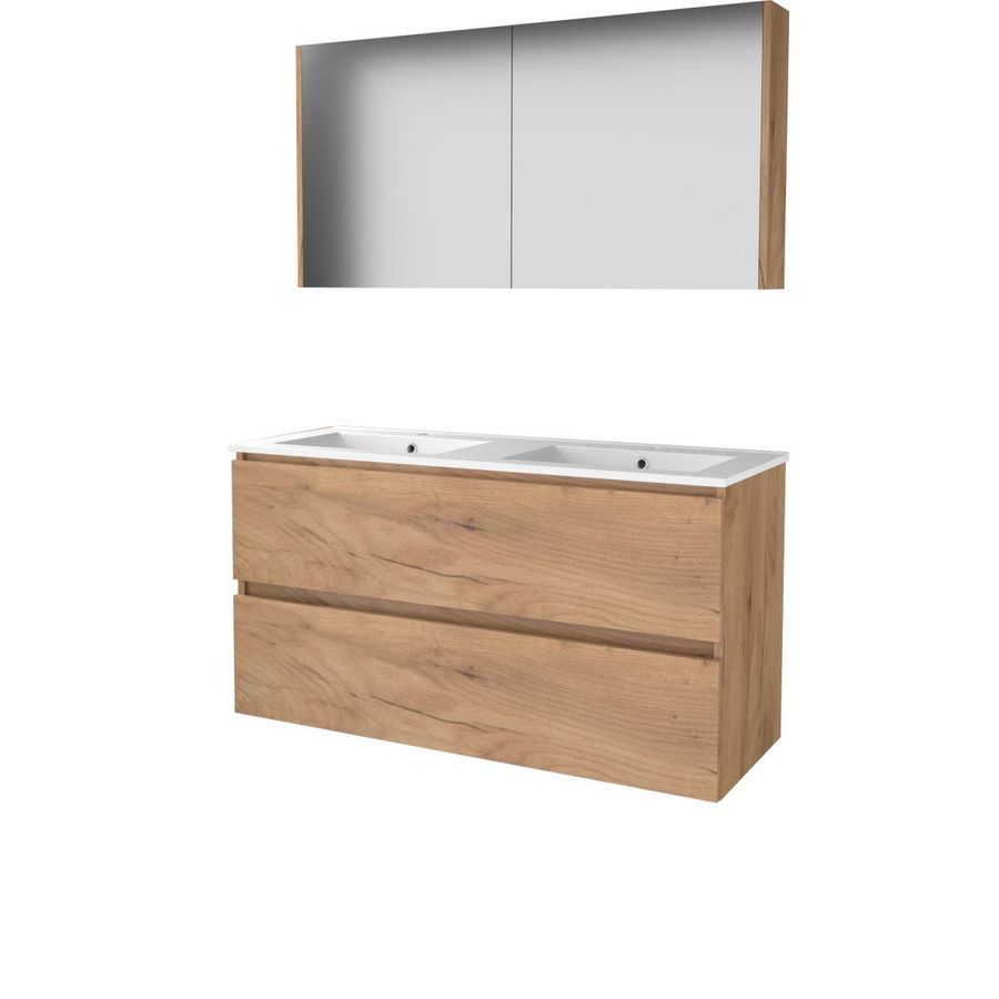 Set COMFORT-46 onderkast 120cm Whisky Oak greeploos 2x la porselein wastafel 2x kraangat spiegelkast (C46GL1202PWO)