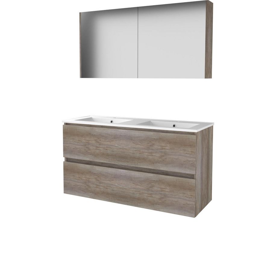 Set COMFORT-46 onderkast 120cm Scotch Oak greeploos 2x la porselein wastafel 2x kraangat spiegelkast (C46GL1202PSO)