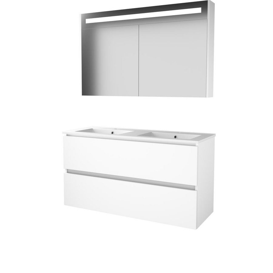 Set PREMIUM-46 onderkast ice white 120cm greeploos 2x la porselein wastafel 2x kraangat spiegelkast geïn. LED-verl. (P46GL1202PIW)