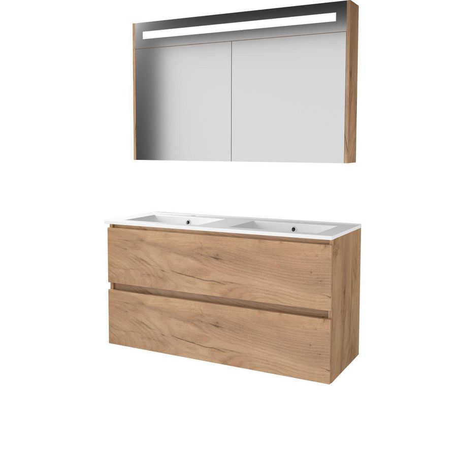 Set PREMIUM-46 onderkast whisky oak 120cm greeploos 2x la porselein wastafel 2x kraangat spiegelkast geïn. LED-verl. (P46GL1202PWO)