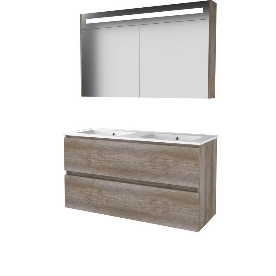 Set PREMIUM-46 onderkast scotch oak 120cm greeploos 2x la porselein wastafel 2x kraangat spiegelkast geïn. LED-verl. (P46GL1202PSO)