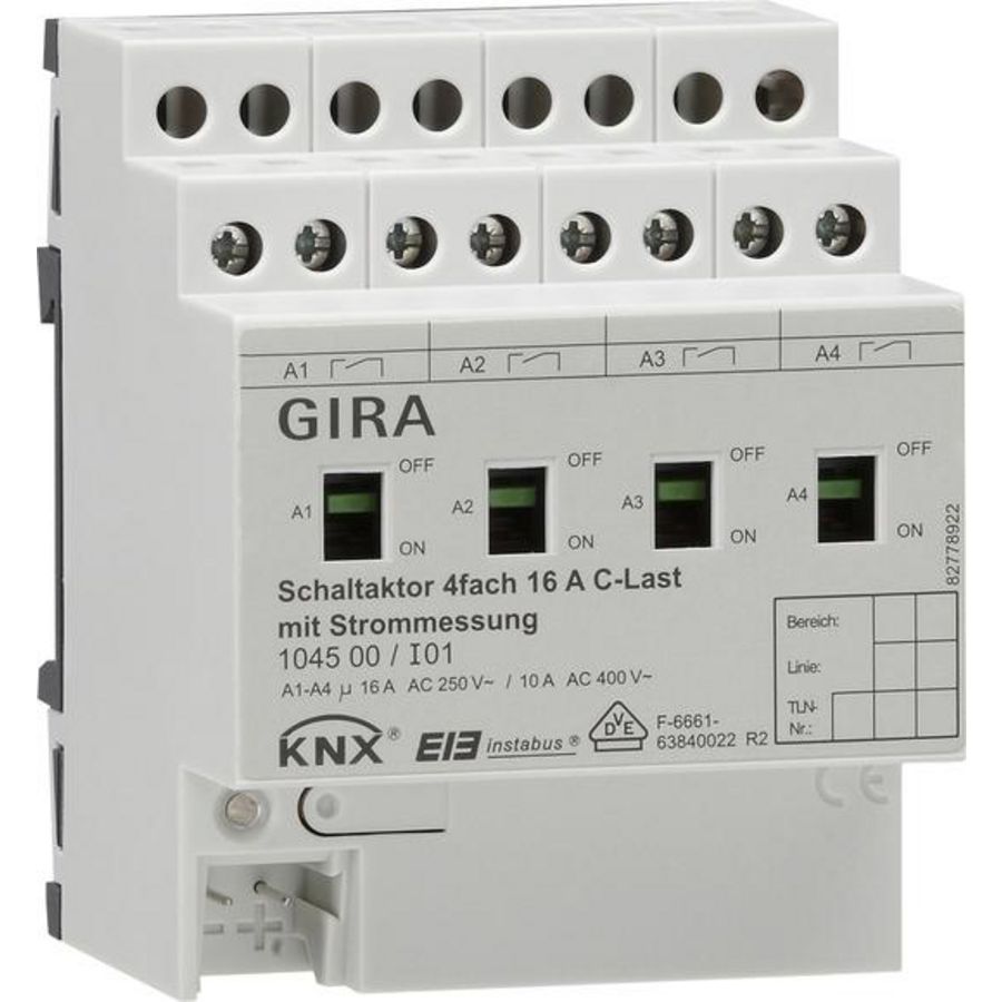 Schakelactor 4-voudig 16 A hand +stroom C-last KNX DIN-rail