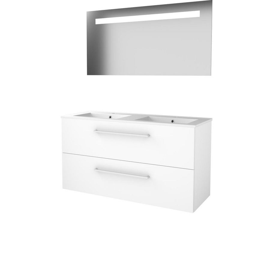 Set ECONOMIC-46 onderkast ice white 120cm grepen chroom 2x la porselein wastafel 2x kraangat spiegel geïn. LED-verl. (E46GR1202PIW)