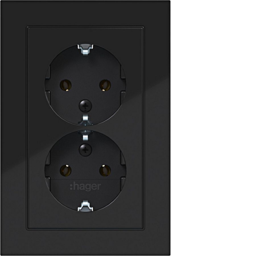 Dubbele SCHUKO-wandcontactdoos hoog A.1 nachtzwart glanzend