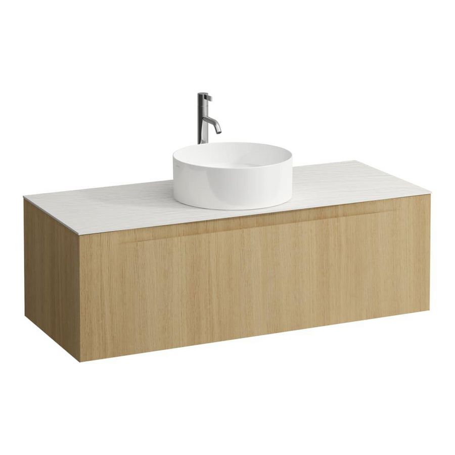Wastafelonderkast ARUN 1200mm 1x la met gecentreerde uitsparing Ardesia Bianca top met kraangat Licht eiken