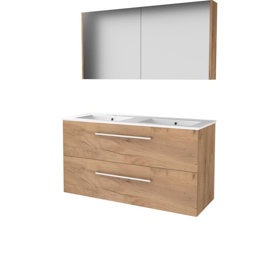 Set COMFORT-46 onderkast 120cm Whisky Oak grepen chroom 2x la porselein wastafel 2x kraangat spiegelkast (C46GR1202PWO)