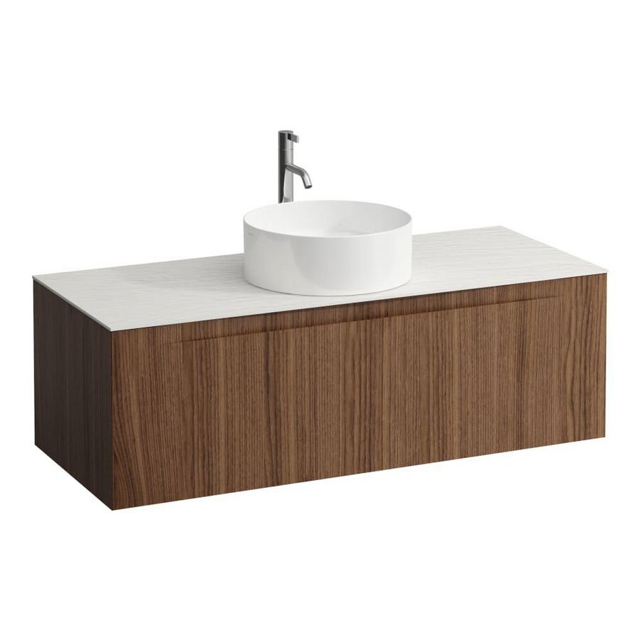 Wastafelonderkast ARUN 1200mm 1x la met gecentreerde uitsparing Ardesia Bianca top met kraangat Noce canaletto