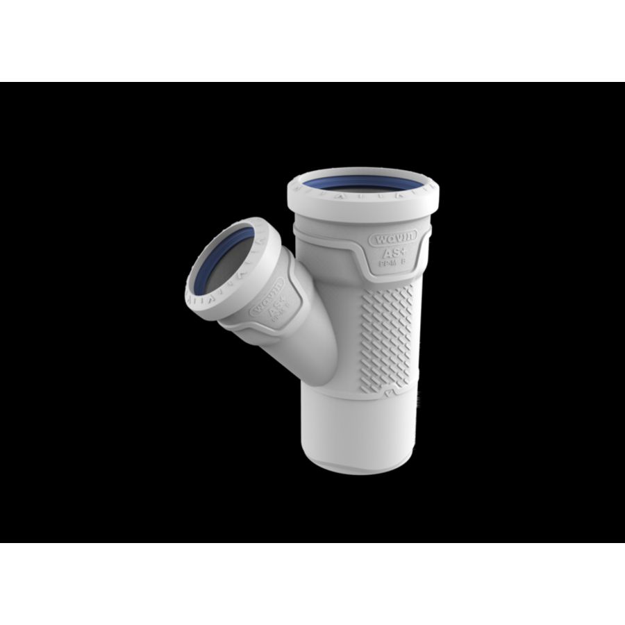 T-stuk PP AS+ geluidsarm 45° lichtgrijs 75x50x75mm mof x mof x spie