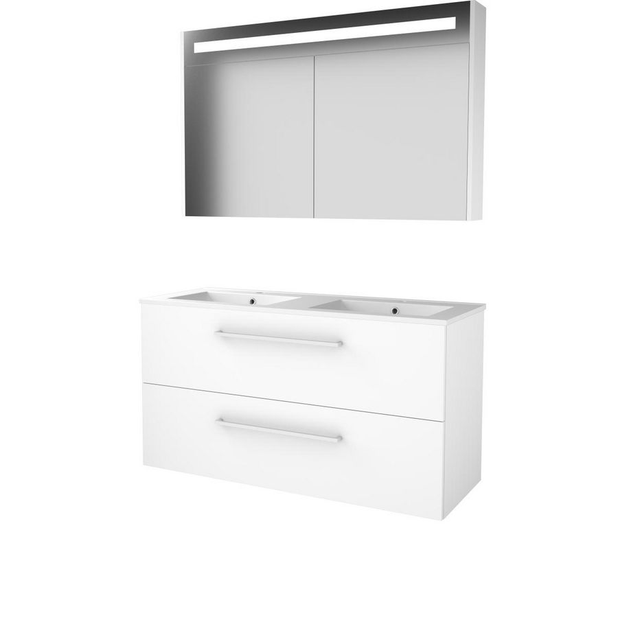 Set PREMIUM-46 onderkast ice white 120cm grepen chroom 2x la porselein wastafel 2x kraangat spiegelkast geïn. LED-verl. (P46GR1202PIW)