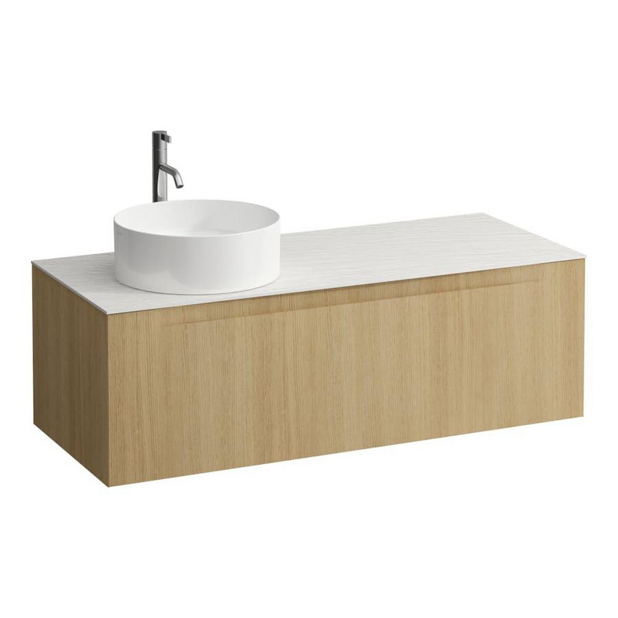 Wastafelonderkast ARUN 1200mm 1x la met uitsparing links Ardesia Bianca top met kraangat Licht eiken