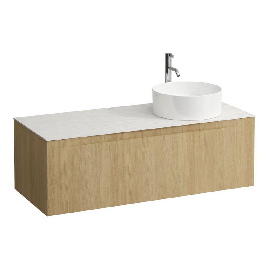 Wastafelonderkast ARUN 1200mm 1x la met uitsparing rechts Ardesia Bianca top met kraangat Licht eiken