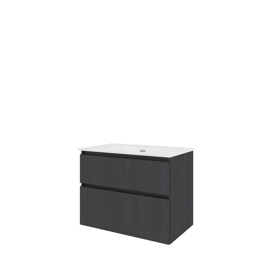 Set Proline porselein Elegant wastafel wit met 1 kraangat onderkast asymmetrisch black oak 80x46cm