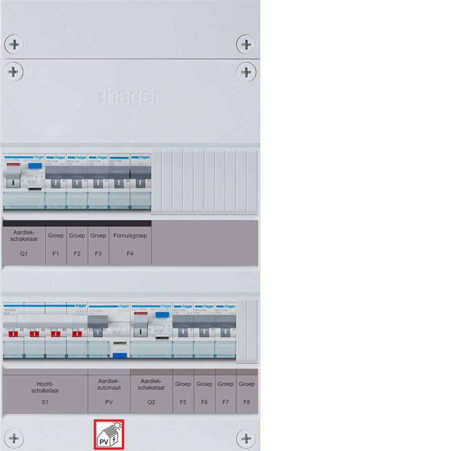 6-groepenverd. HS 2x ALS 63A+PV HACO 16A/300mA+kookgr. 1/3f