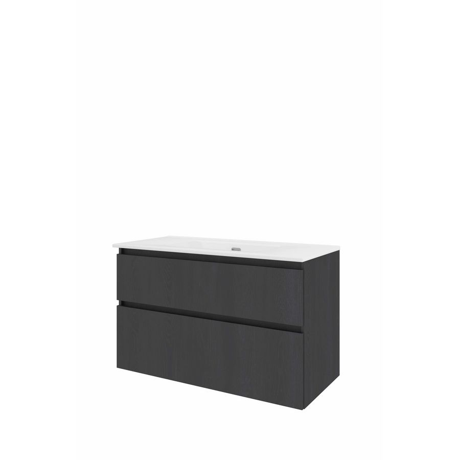 Set Proline porselein Elegant wastafel wit zonder kraangat onderkast asymmetrisch black oak 100x46cm