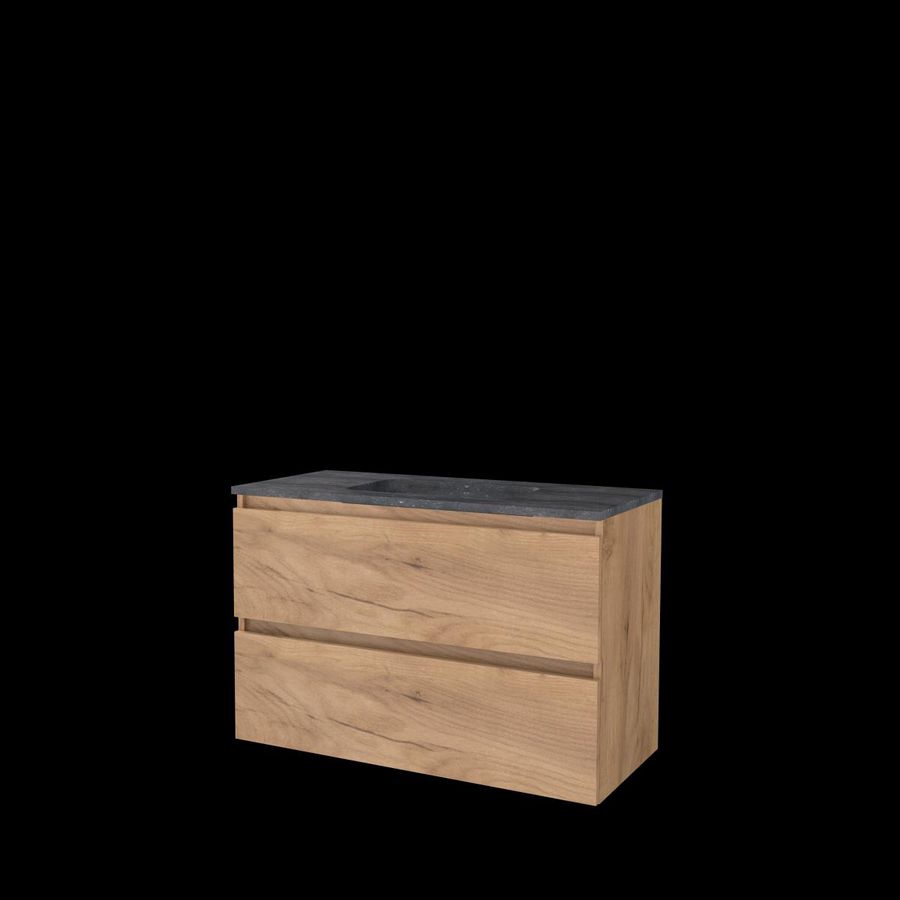 Set START-46 onderkast whisky oak 100cm greeploos 2x la hardstenen wastafel z/ kraangat (S46GL100H0WO)
