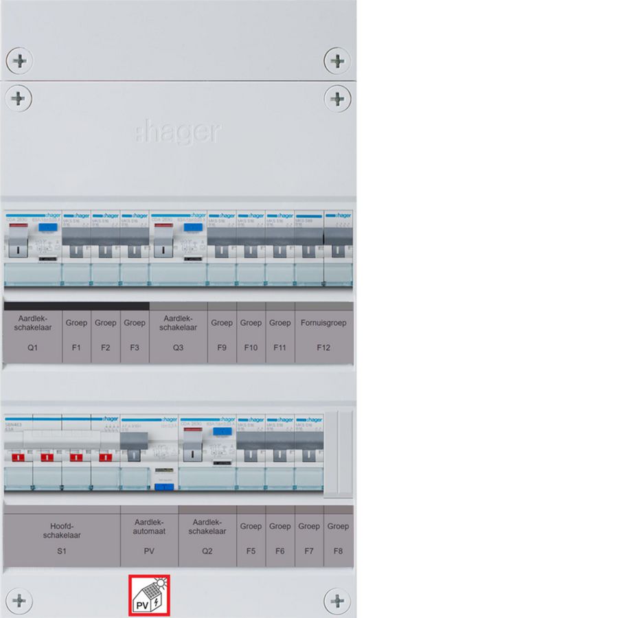 9-groepenverd. HS 3x ALS 63A+PV HACO 16A/300mA+kookgr. 1/3f