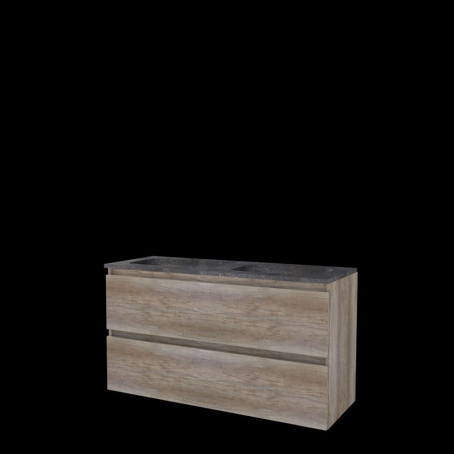 Set START-46 onderkast scotch oak 120cm greeploos 2x la hardstenen wastafel 2x kraangat (S46GL1202H2SO)