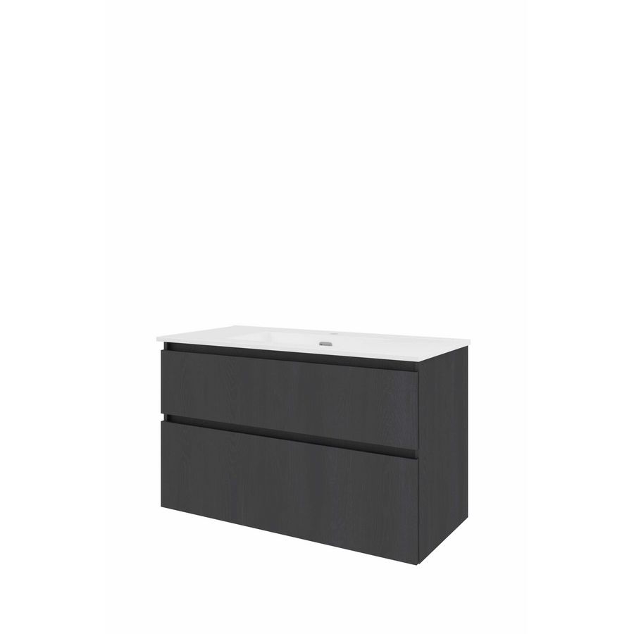 Set Proline porselein Elegant wastafel wit met 1 kraangat onderkast asymmetrisch black oak 100x46cm