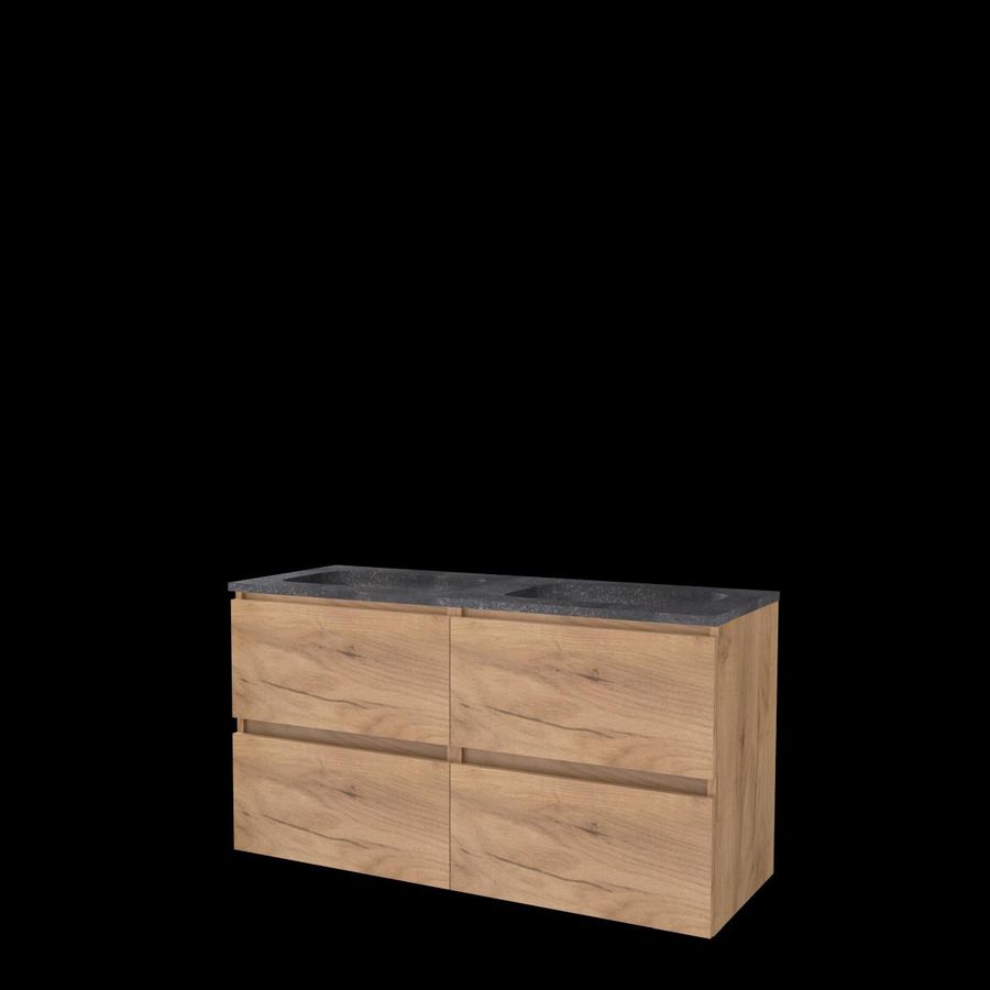Set START-46 onderkast whisky oak 120cm (2x 60cm) greeploos 4x la hardstenen wastafel z/ kraangat (S46GL120H0WO)
