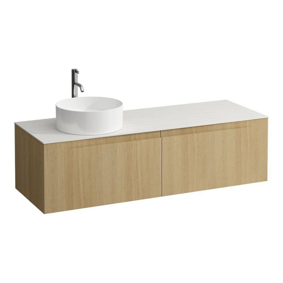 Wastafelonderkast ARUN 1400mm 2x la met uitsparing links Ardesia Bianca top met kraangat Licht eiken