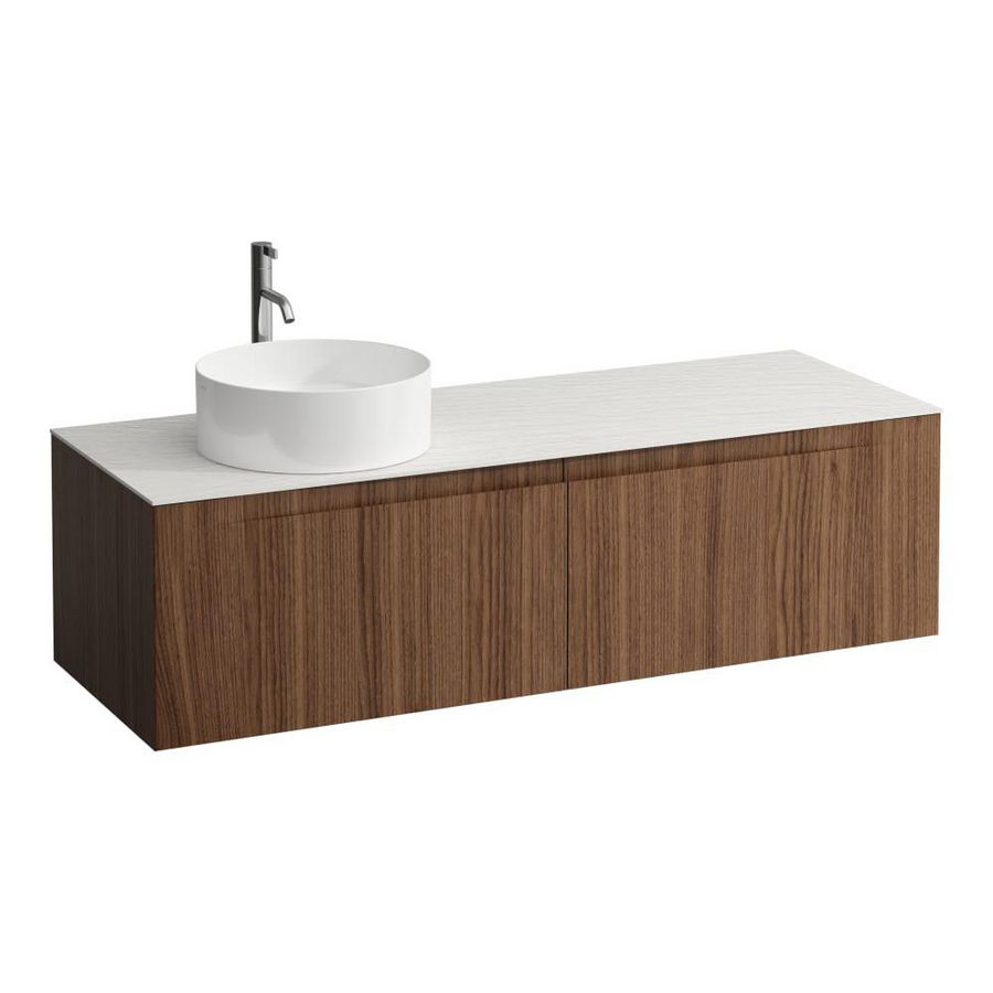 Wastafelonderkast ARUN 1400mm 2x la met uitsparing links Ardesia Bianca top met kraangat Noce canaletto