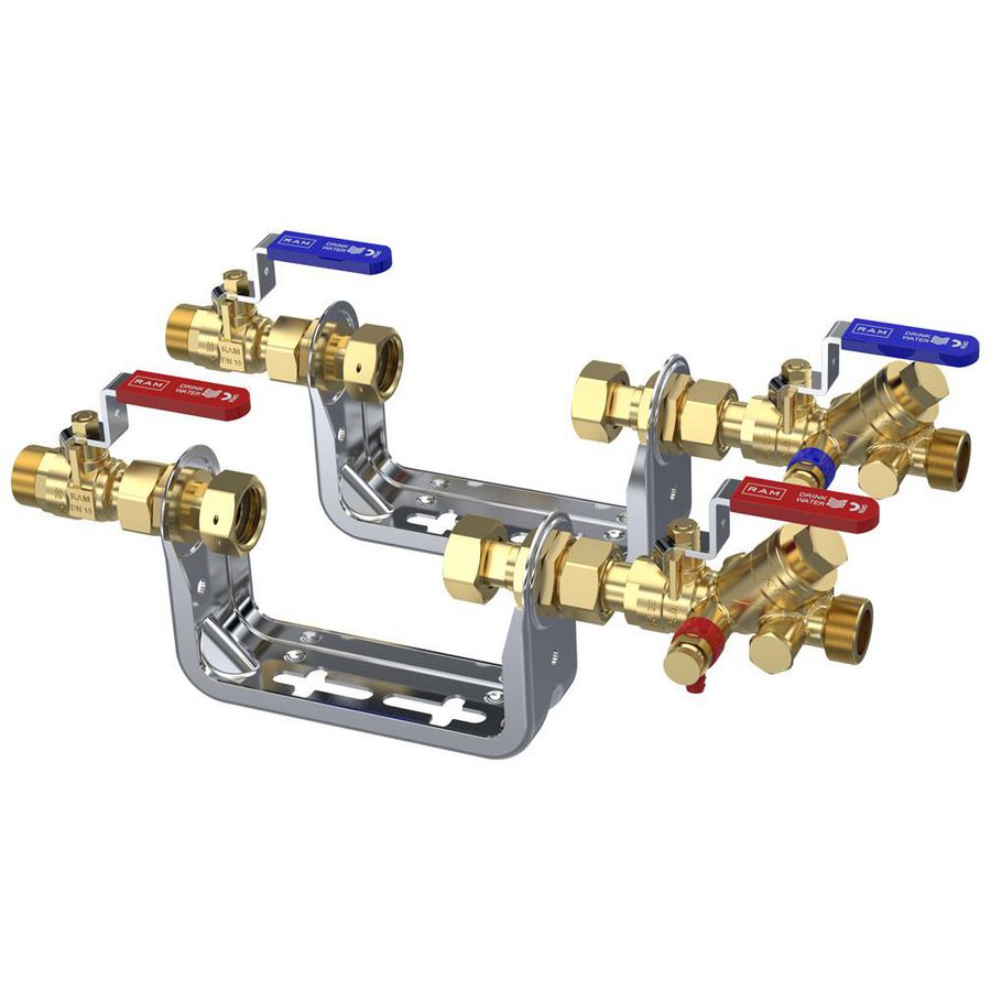 GWA-EA Collectief Qn 1,5M³/h L=110mm RVS watermeterbeugel 3/4"bt.dr. rode hendels warm water