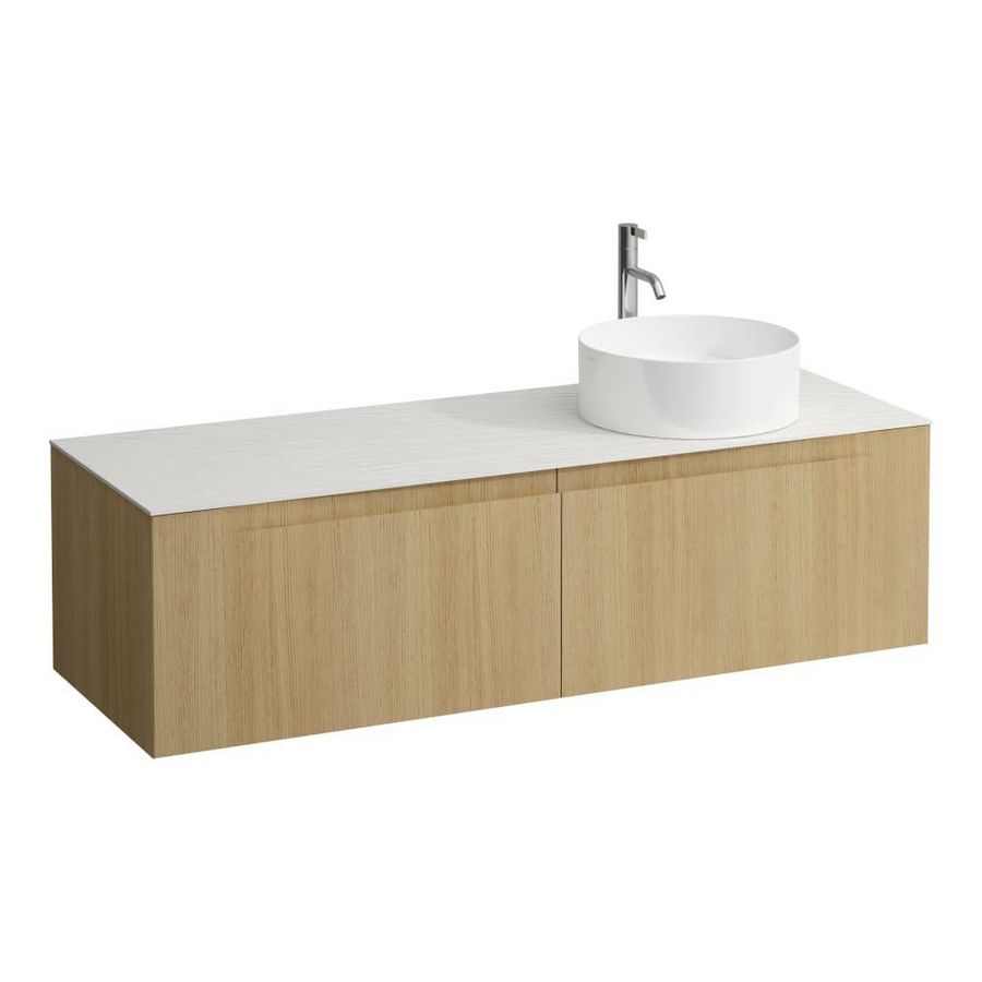 Wastafelonderkast ARUN 1400mm 2x la met uitsparing rechts Ardesia Bianca top met kraangat Licht eiken
