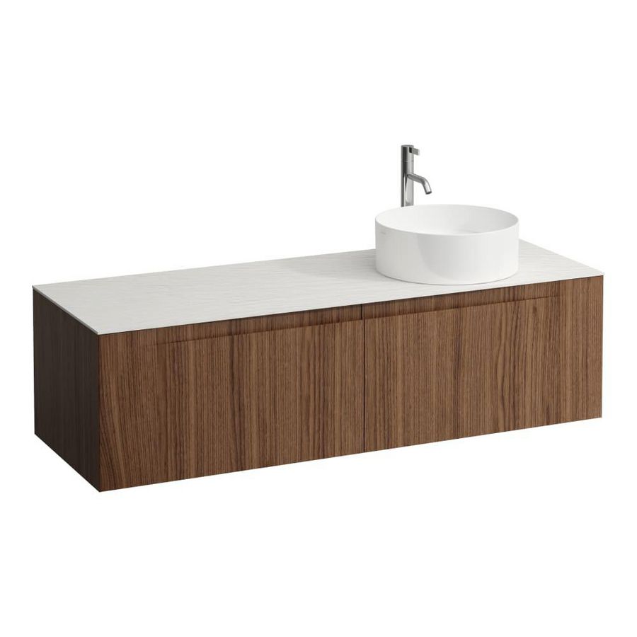 Wastafelonderkast ARUN 1400mm 2x la met uitsparing rechts Ardesia Bianca top met kraangat Noce canaletto