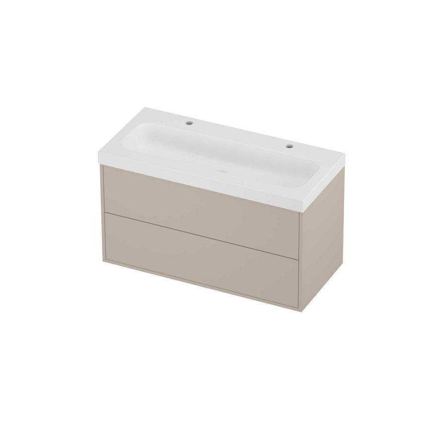Haga Set polystone Mezza wastafel met 2 kraangaten en onderkast tbv grepen 2 laden symmetrisch in kader 1000x460x580mm matt White/Soft linen