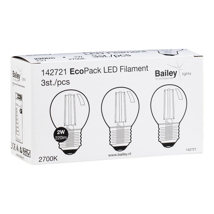 Doos a 3st. LED-lamp EcoPack FIL G45 E27 2W 220lm 827 helder