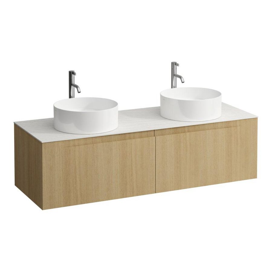 Wastafelonderkast ARUN 1400mm 2x la met uitsparing links + rechts Ardesia Bianca top met kraangat Licht eiken