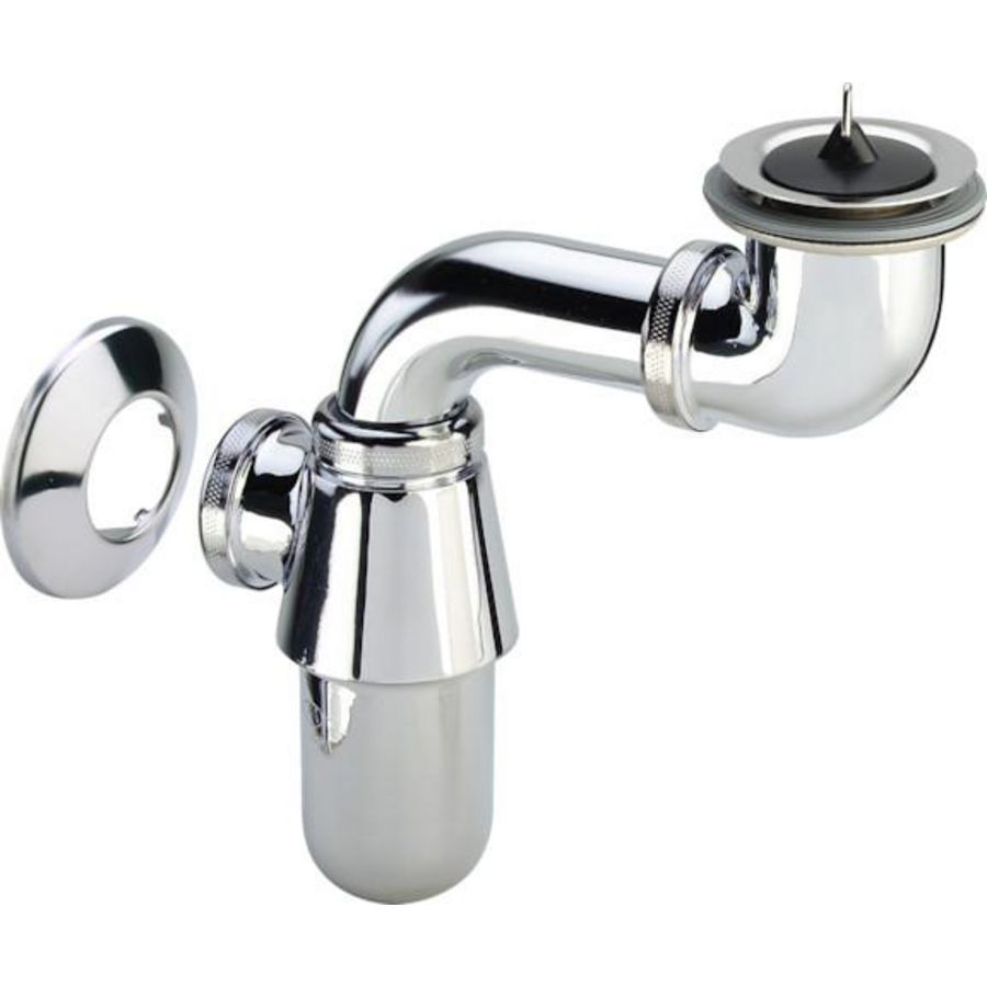 Plugbekersifon 1.1/4" ruimtebesparend v. Ergo wastafel chroom incl. rozet excl. muurbuis