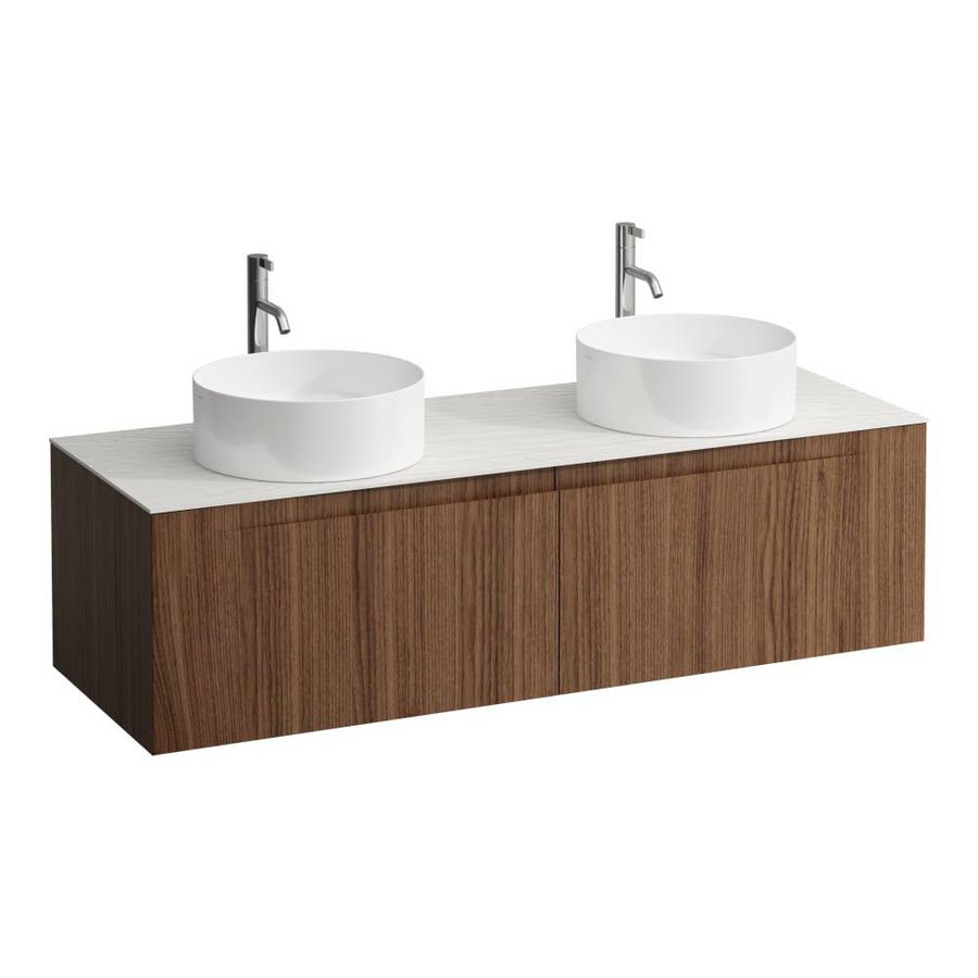 Wastafelonderkast ARUN 1400mm 2x la met uitsparing links + rechts Ardesia Bianca top met kraangat Noce canaletto