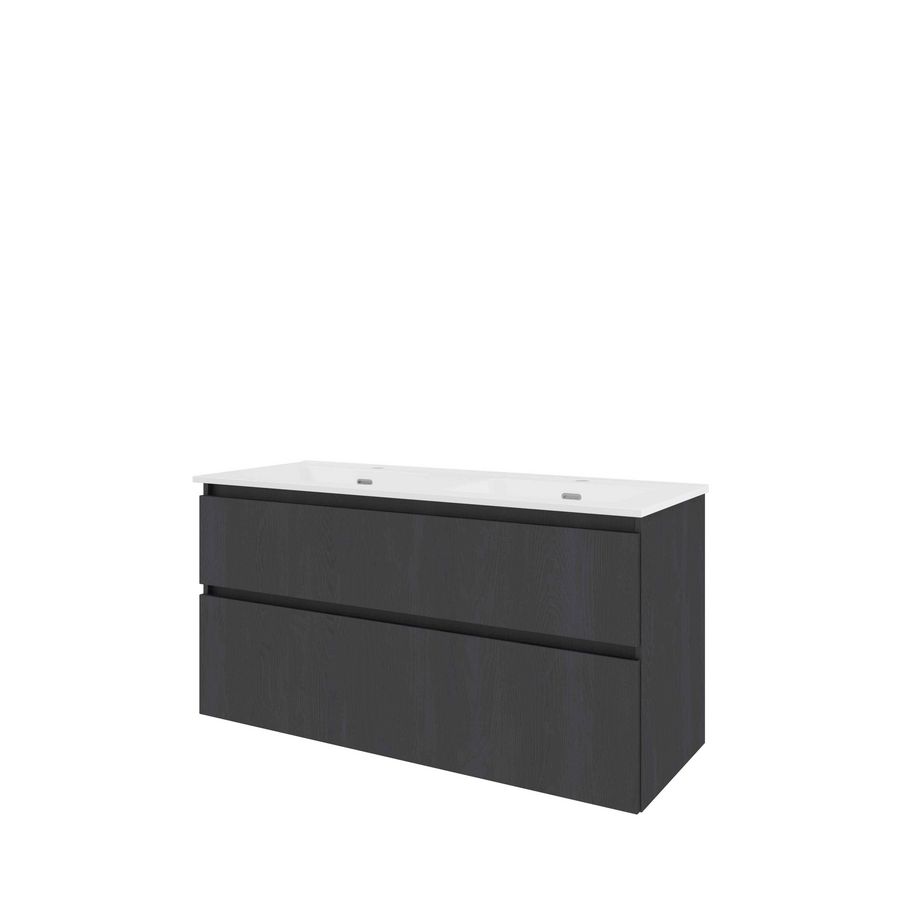 Set Proline porselein Elegant dubb. wastafel wit met 2 kraangaten onderkast asymmetrisch black oak 120x46cm