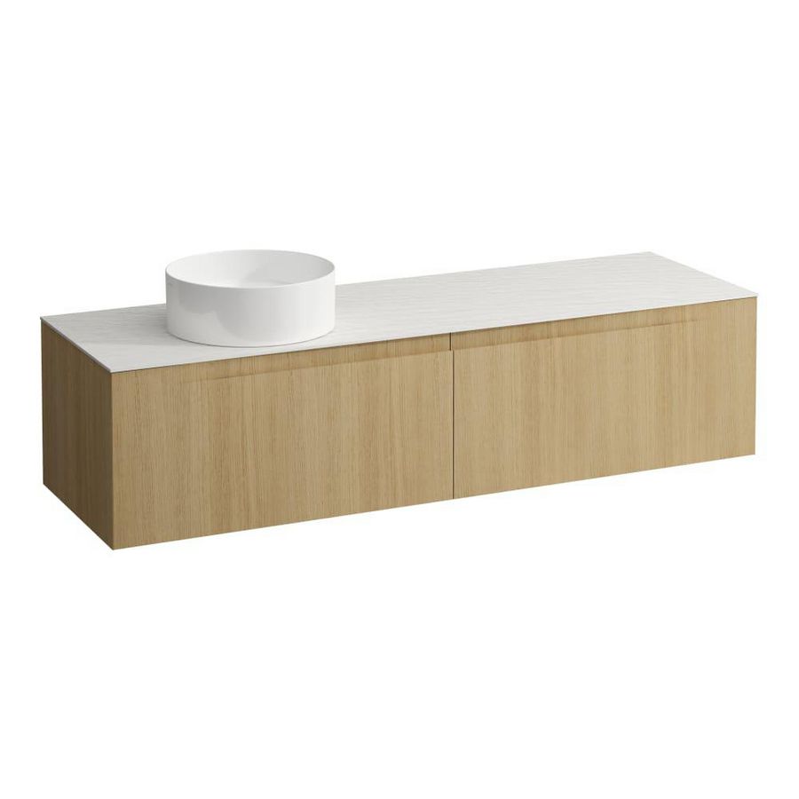 Wastafelonderkast ARUN 1600mm 2x la met uitsparing links Ardesia Bianca top Licht eiken