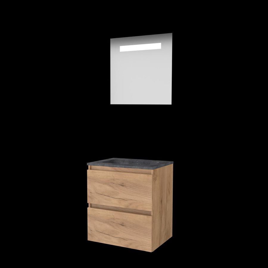 Set ECONOMIC-46 onderkast whisky oak 60cm greeploos 2x la hardstenen wastafel z/ kraangat spiegel geïn. LED-verl. (E46GL60H0WO)