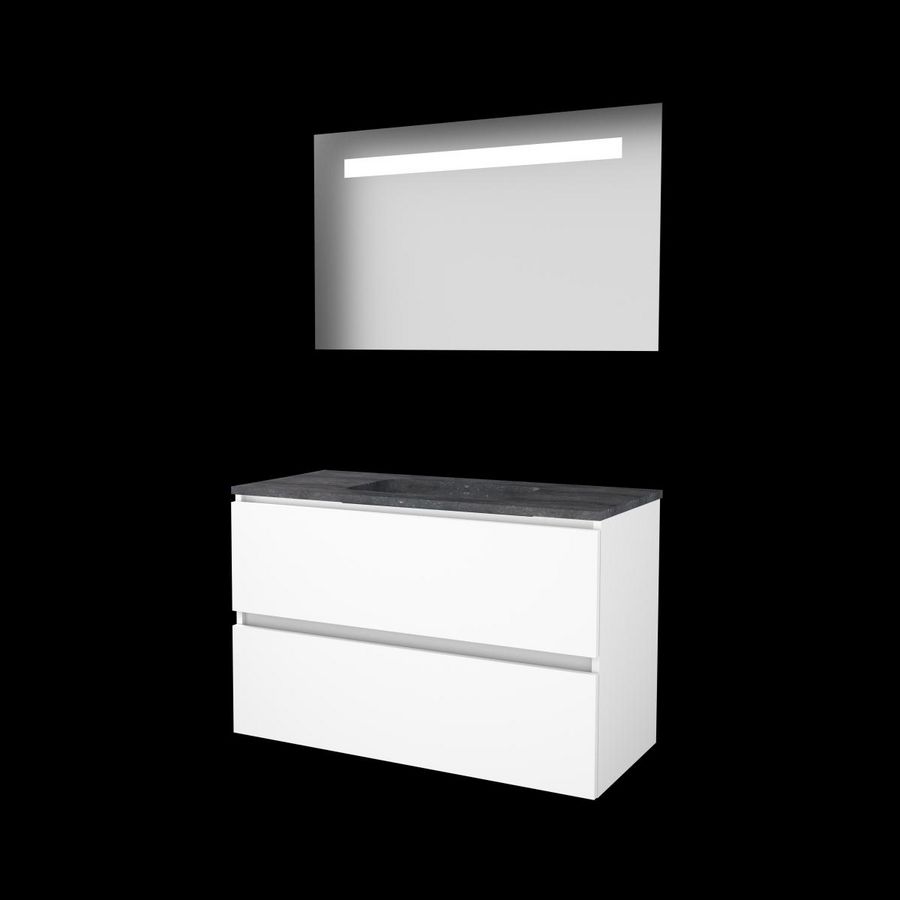 Set ECONOMIC-46 onderkast ice white 100cm greeploos 2x la hardstenen wastafel z/ kraangat spiegel geïn. LED-verl. (E46GL100H0IW)