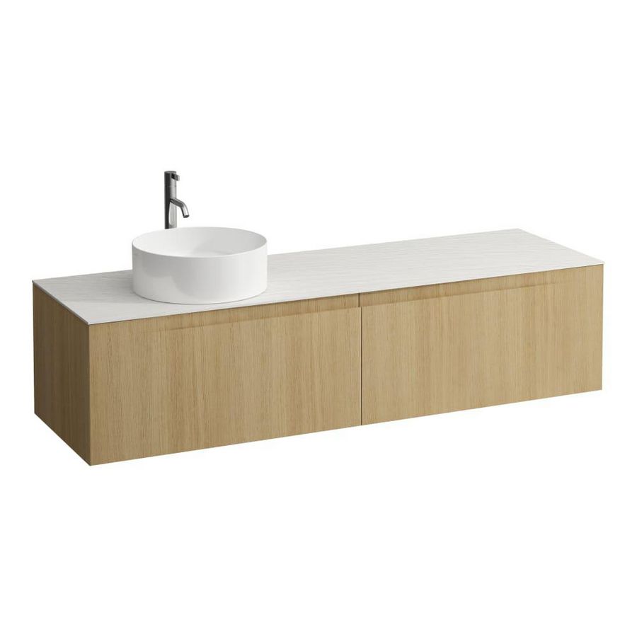 Wastafelonderkast ARUN 1600mm 2x la met uitsparing links Ardesia Bianca top met kraangat Licht eiken