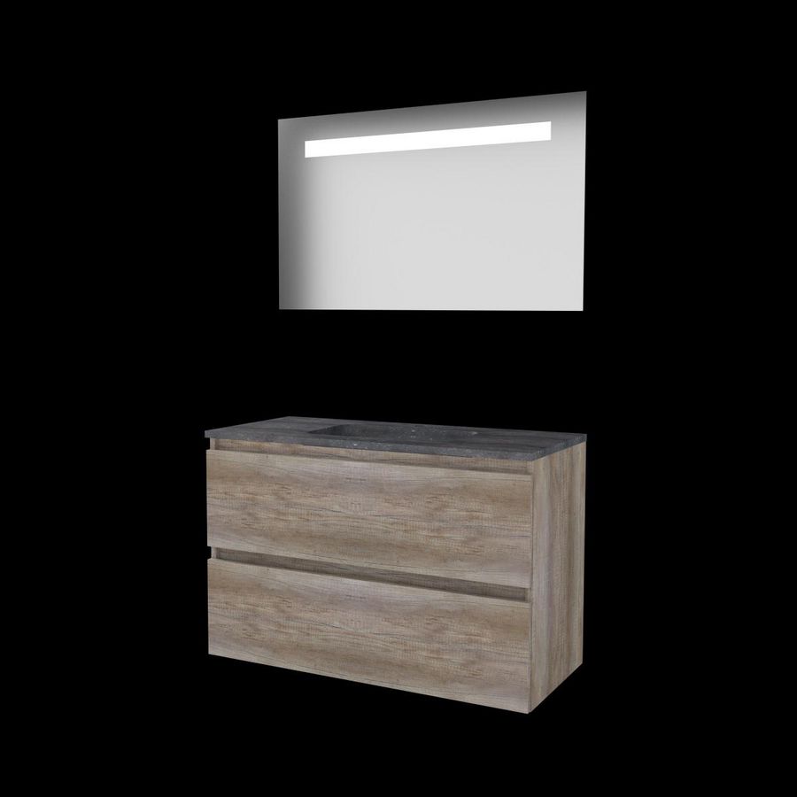 Set ECONOMIC-46 onderkast scotch oak 100cm greeploos 2x la hardstenen wastafel 1x kraangat spiegel geïn. LED-verl. (E46GL100H1SO)