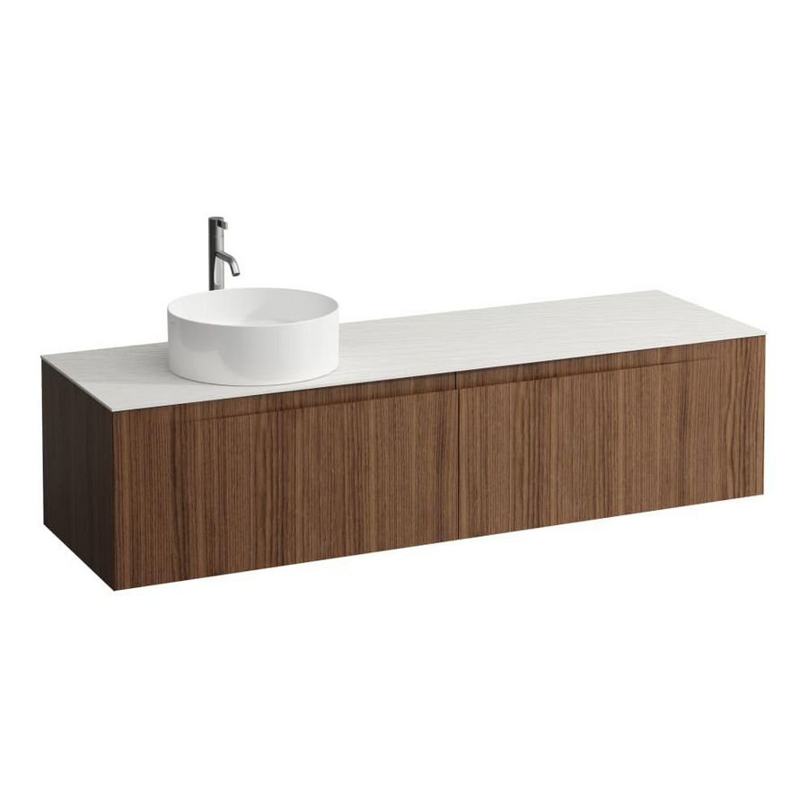 Wastafelonderkast ARUN 1600mm 2x la met uitsparing links Ardesia Bianca top met kraangat Noce canaletto
