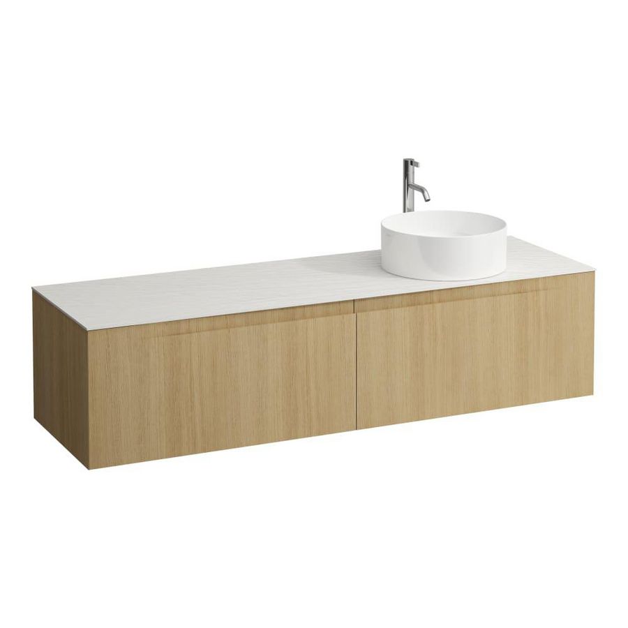 Wastafelonderkast ARUN 1600mm 2x la met uitsparing rechts Ardesia Bianca top met kraangat Licht eiken