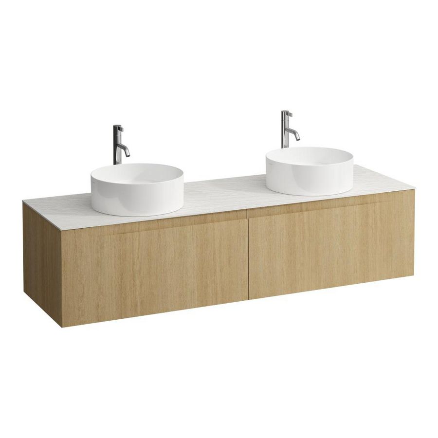 Wastafelonderkast ARUN 1600mm 2x la met uitsparing links + rechts Ardesia Bianca top met kraangat Licht eiken