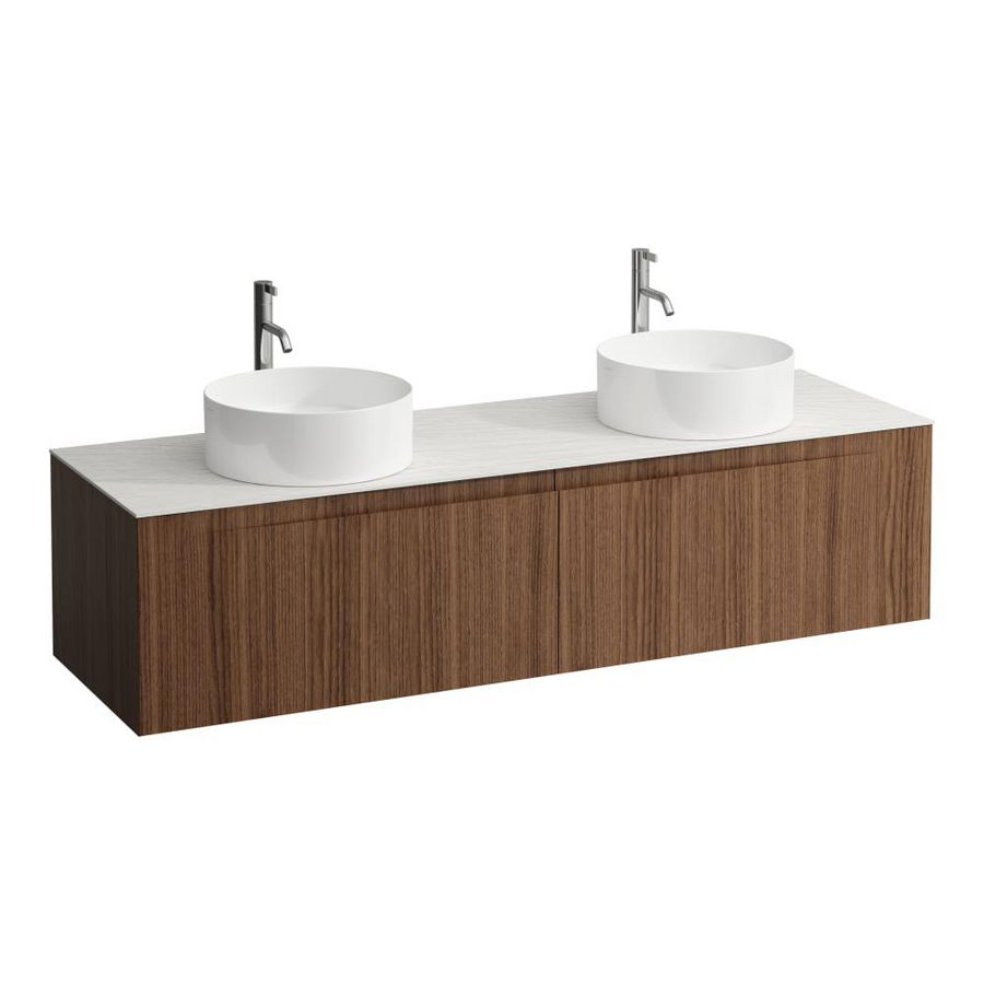 Wastafelonderkast ARUN 1600mm 2x la met uitsparing links + rechts Ardesia Bianca top met kraangat Noce canaletto