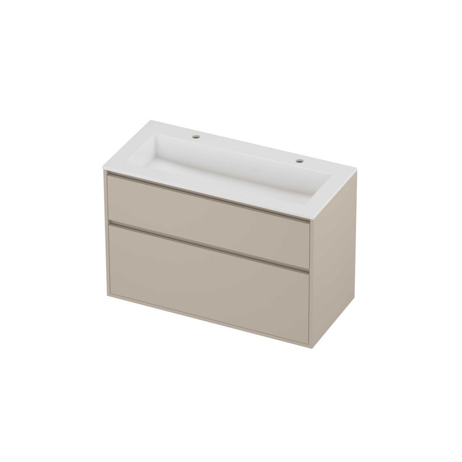 Aristo Set polystone Elegant wastafel met 2 kraangaten en onderkast greeploos 2 laden a-symmetrisch in kader 1000x460x670mm glans wit/Soft linen