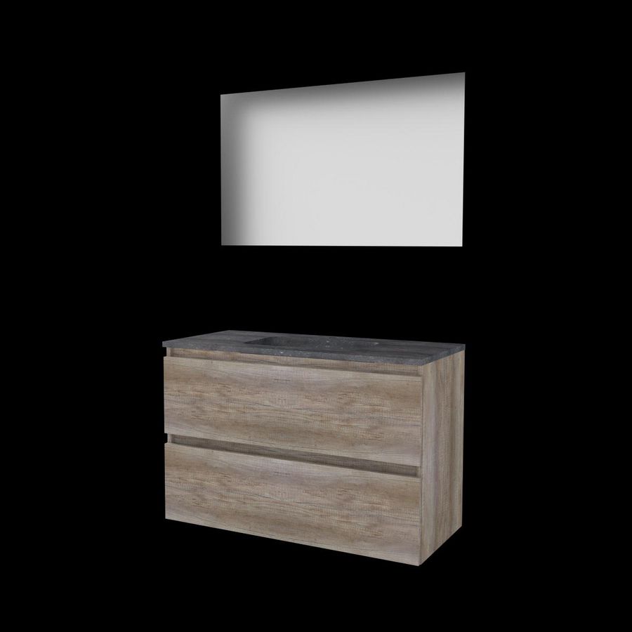 Set ULTIMATE-46 onderkast scotch oak 100cm greeploos 2x la hardstenen wastafel 1x kraangat spiegel ind. LED-verl. ↑+↓ (U46GL100H1SO)