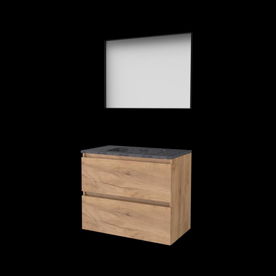 Set FRAMED-46 onderkast whisky oak 80cm greeploos 2x la hardstenen wastafel z/ kraangat spiegel frame mat zwart (F46GL80H0WO)