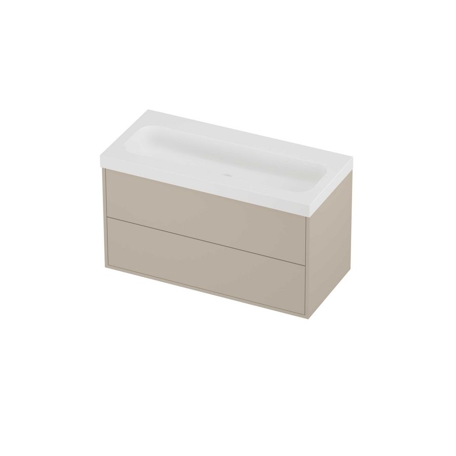 Haga Set polystone Mezza wastafel zonder kraangat en onderkast tbv grepen 2 laden symmetrisch in kader 1000x460x580mm matt White/Soft linen