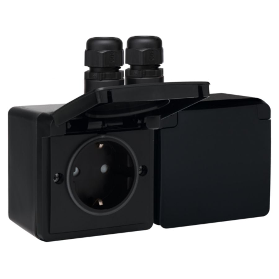 Spuitwaterdicht dubbel HOR stopcontact 2xM20 schroef zwart