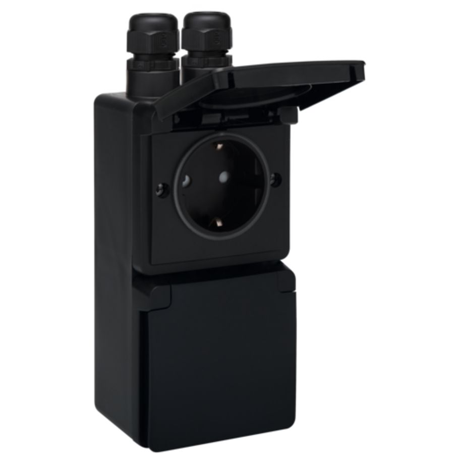 Spuitwaterdicht dubbel VERT stopcontact 2xM20 schroef zwart