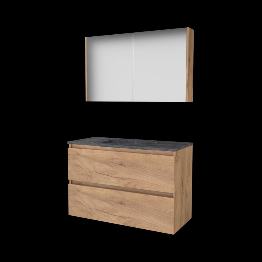 Set COMFORT-46 onderkast 100cm Whisky Oak greeploos 2x la hardstenen wastafel z/ kraangat spiegelkast (C46GL100H0WO)